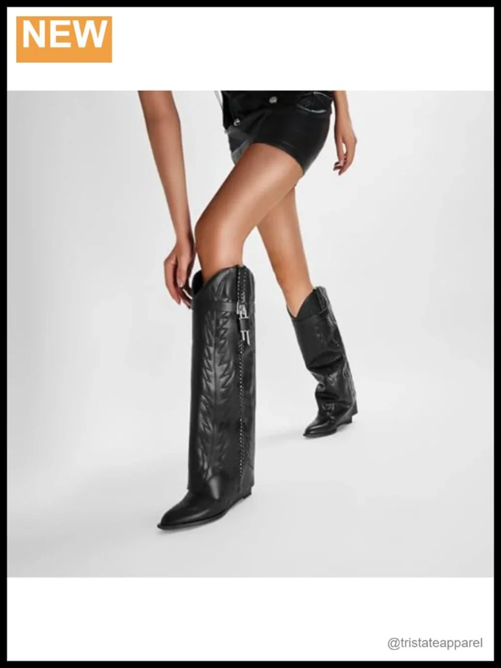 Embroidered Fold Over Knee High Boots, Pointed Toe Wedge Heels, Wide Calf, Pull